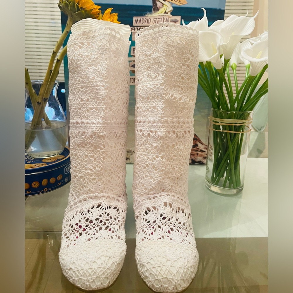 White Lace Knee-High Boots